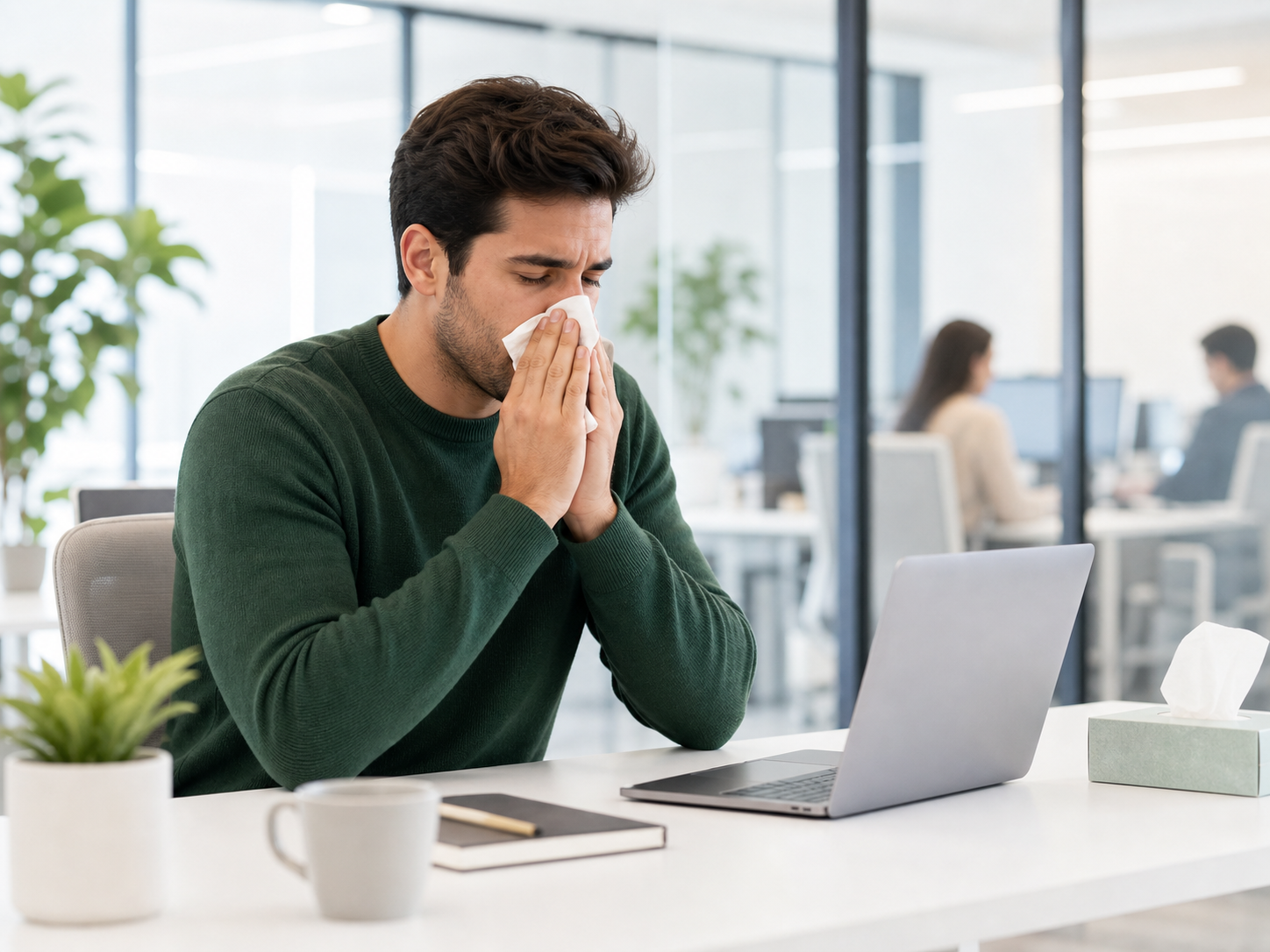 Empleado sonándose la nariz en la oficina