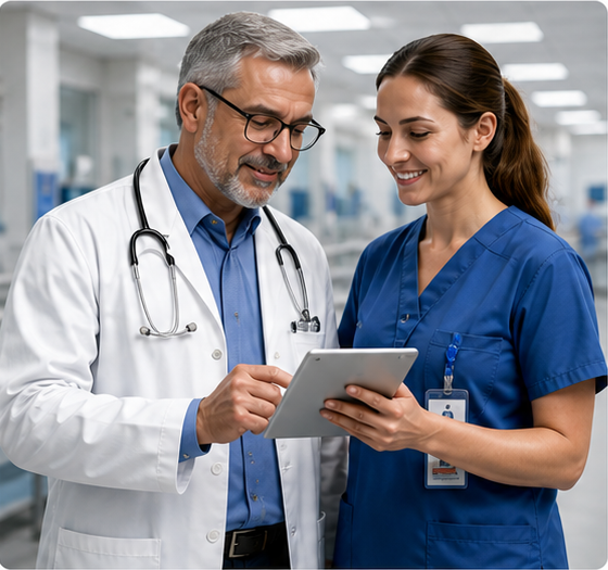 Médico y enfermera revisando un protocolo en tablet