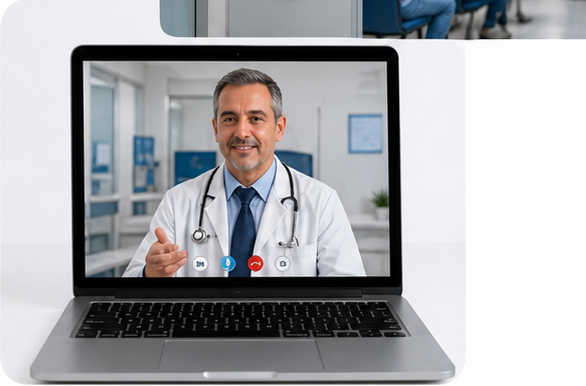 Médico atendiendo por videollamada