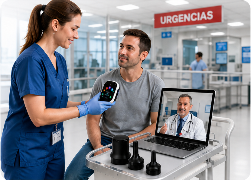 Enfermera usando TytoCare con un paciente en Urgencias y médico en videollamada