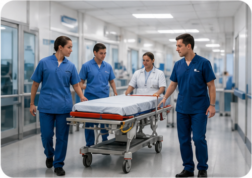 Equipo sanitario trasladando una camilla en Urgencias
