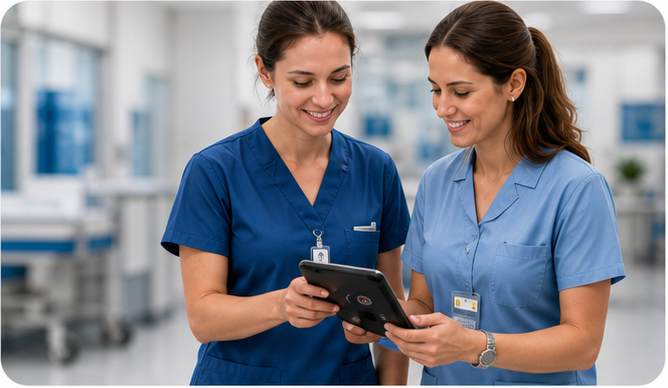 Profesionales de enfermería usando una tablet