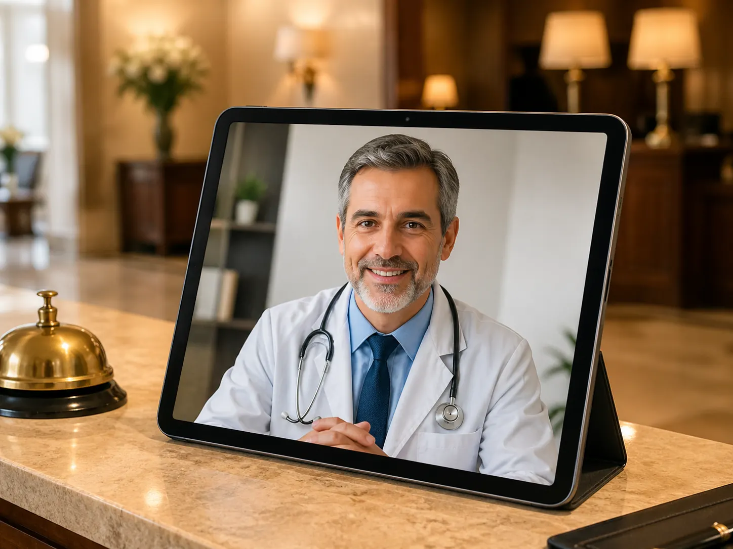 Recepcion de hotel con medico remoto en tablet