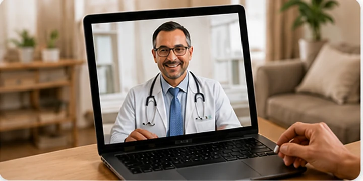 Médico remoto en videollamada desde un portátil