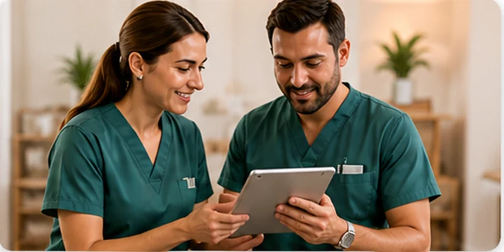 Dos profesionales revisando una tablet
