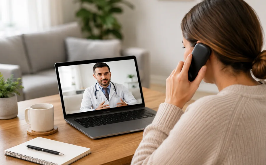 Mujer hablando por telefono durante una consulta medica online