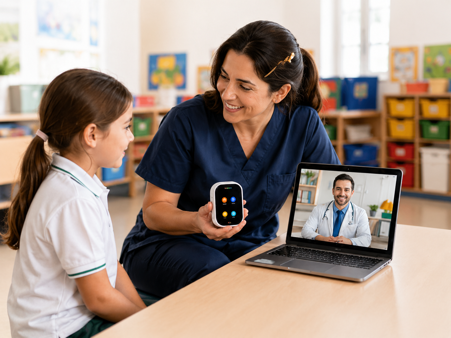 Colegio usando DoctorSky con una alumna y personal sanitario