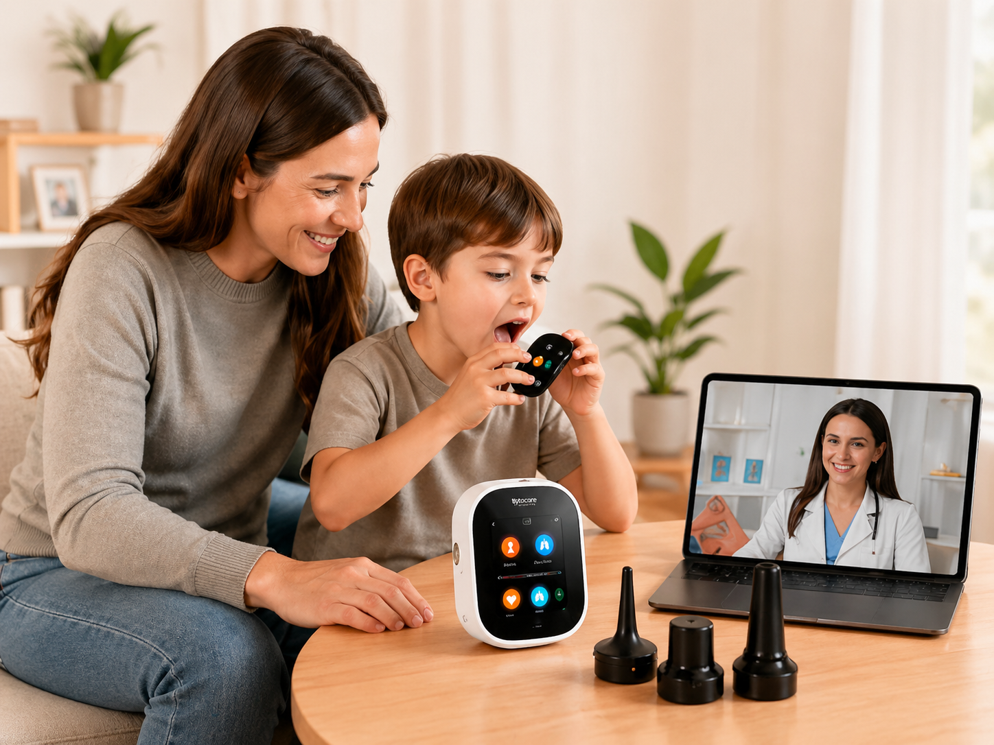 Familia usando TytoCare con guia medica remota