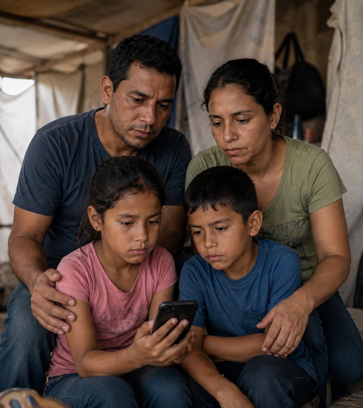Familia recibiendo orientaci&oacute;n m&eacute;dica desde el tel&eacute;fono