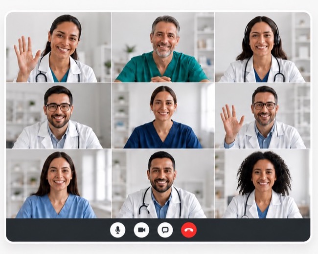 Equipo de m&eacute;dicos voluntarios conectado por videollamada